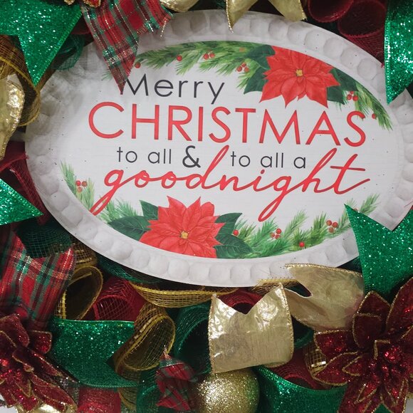 ✨🌺 "Merry Christmas & Goodnight" Red, Green & Gold Wreath 🌺✨ - Picture 2 of 5